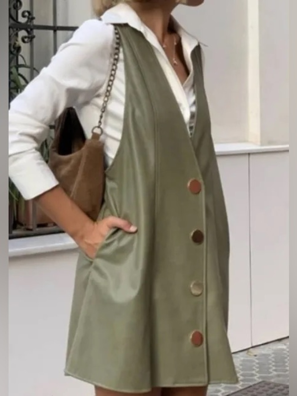 Zara Olive Green Faux Leather Button-Front Vest